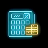 Neon icon representing warehouse inventory management with calculator and cardboard boxes vector