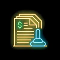 Neon style icon representing signing financial invoice document with stamp vector