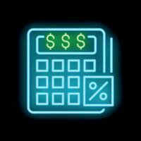 Calculator showing money and percentage symbol in neon style vector