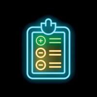 Neon clipboard is glowing with plus and minus signs for checking off completed tasks vector