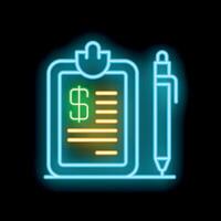 Neon icon of clipboard with invoice, dollar sign and pen representing billing vector