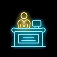 Businessman working on computer at desk in neon style vector