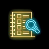 Neon icon of magnifying glass exploring notes in open notebook vector