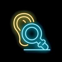 Neon icon of magnifying glass examining ear representing active listening skills vector