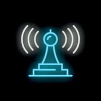 Neon icon of radio tower transmitting signals on black background vector