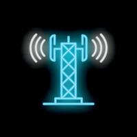 Neon icon of telecommunication tower transmitting radio waves vector
