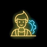 Neon icon of a young mechanic smiling with gear in the background vector