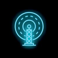 Neon sign of a radio tower emitting radio waves in a circle on a black background vector