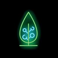 Glowing neon sign depicting green technology with a circuit board leaf on black background vector