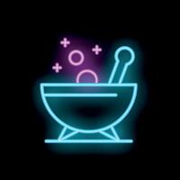 Neon style icon of magic potion brewing in cauldron with bubbles vector
