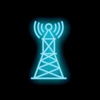 Neon icon of telecommunication tower transmitting signal vector
