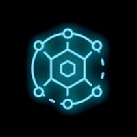 Neon blue blockchain network connecting with circles on black background vector