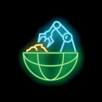 Neon sign representing robotic arm picking up earth representing global automation vector