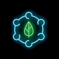Neon icon of a leaf surrounded by a network representing environmental collaboration vector
