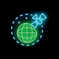 Satellite orbiting earth neon sign on black background vector