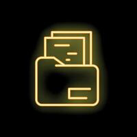 Neon yellow open file folder with documents icon glowing on black background vector