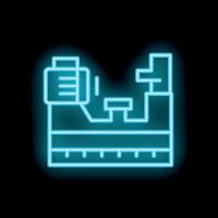 Neon blue icon of a treadmill with display showing time and calories burned for cardio workout at gym or home on black background vector