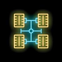Neon chassis with servers connected to network hub icon glowing on black background vector