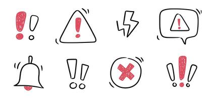 Doodle exclamation mark, alert danger sign set. Scribble hand drawn doodle exclamation triangle point, stop warning, hazard sign. Hand drawn sketch danger information sign. vector