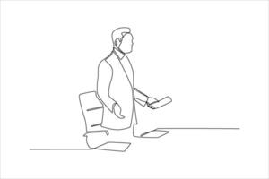 A minimalist line drawing of a man standing at a desk, possibly giving a presentation. vector