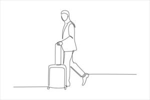 A minimalist line drawing of a person walking with a suitcase, conveying travel and movement. vector