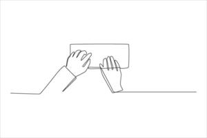 Two hands holding a rectangular object, depicted in a minimalist line art style. vector
