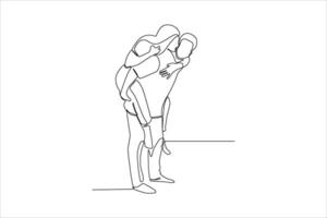 A continuous line drawing of a person giving a piggyback ride to another, symbolizing joy. vector