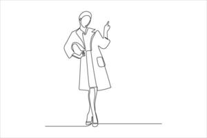 A minimalist line drawing of a woman in a coat, posing confidently with one hand raised. vector