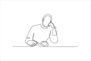 A minimalist line drawing of a person resting their chin on one hand while holding a cup. vector