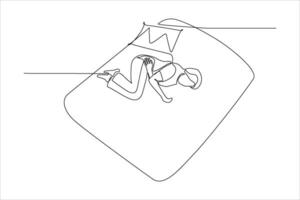 A simple line drawing of a person curled up on a bed, suggesting relaxation or sleep. vector