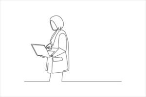 A minimalist line drawing of a person using a laptop, symbolizing technology and work. vector