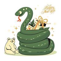 Greeting card for 2025 with the symbol of 2025 - a snake with gift boxes and a toy white bear. vector