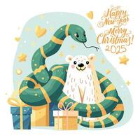 Greeting card for 2025 with the symbol of 2025 - a snake and a polar bear. vector
