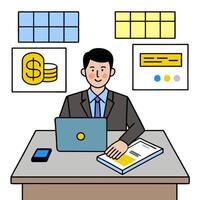 Accountant with Financial Software and Digital Ledger in Futuristic Office concept as Long shot of an accountant using financial software and a digital ledger in vector