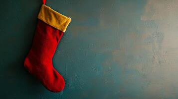A red and yellow christmas stocking hanging on a wall photo