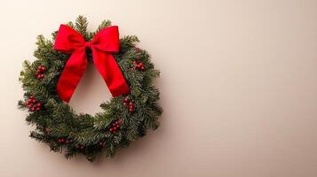 Christmas wreath with red bow on beige background photo