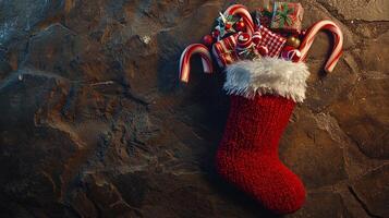 A christmas stocking with candy canes and candy photo