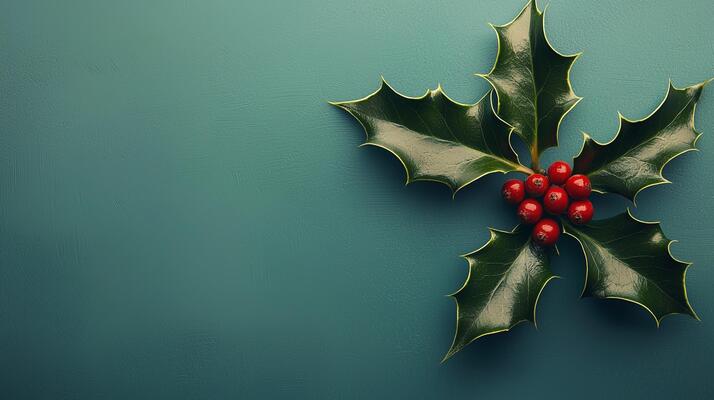 Christmas holly leaves on a blue background