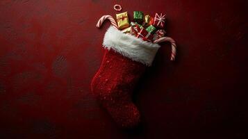 Christmas stockings on red background photo