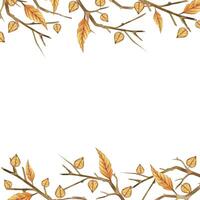 Bare tree branches, autumn leaves, square frame for postcards and invitations. All objects are hand-drawn with yellow and brown watercolor. Suitable for printing and scrapbooking vector