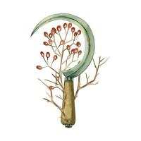 Metal sickle with wooden handle, branch with viburnum berries, bare tree branch, all objects are hand painted with watercolors. Watercolor illustration. For printing on fabric, paper, for decoration vector