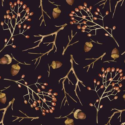 Tree branches, viburnum berry, acorns, seamless watercolor pattern. All objects are hand painted with watercolor. Suitable for printing on fabric, paper, wrapping paper, scrapbooking and cards