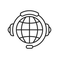 Global Customer Support Line Icon with Headset for International Service. Worldwide Help and Communication Outline Symbol. Editable Stroke. Isolated Illustration vector