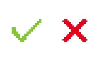 Correct and Wrong Indicators. Approval and Rejection Symbol in Pixel Art Style. Green Check and Red Cross Icon in UI Design. Isolated Illustration vector