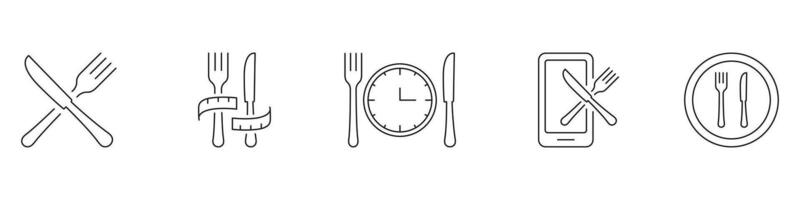 Diet and Meal Management Line Icon Set, Featuring Cutlery, Time, and Mobile Tracking Symbols. Meal Timing Concept. Editable Stroke. Isolated Illustration vector
