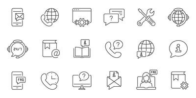 Customer Support Tools Line Icon Set. Global Communication, FAQ, Online Assistance Outline Symbol Collection. Editable Stroke. Isolated Illustration vector
