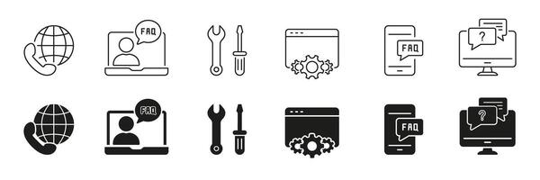 Global Support, FAQ, and Repair Tools Line and Silhouette Icon Set. Customer Communication Symbol Collection. Technical Assistance Sign. Editable Stroke. Isolated Illustration vector