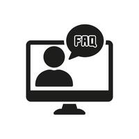 FAQ Sign In Speech Bubble on Desktop Computer Screen Silhouette Icon. Online Customer Support. Assistance and Remote Help Glyph Symbol. Isolated Illustration vector