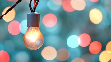 A light bulb is shown in front of a blurred background photo