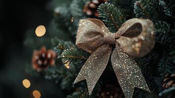 A gold bow on a christmas tree with lights photo